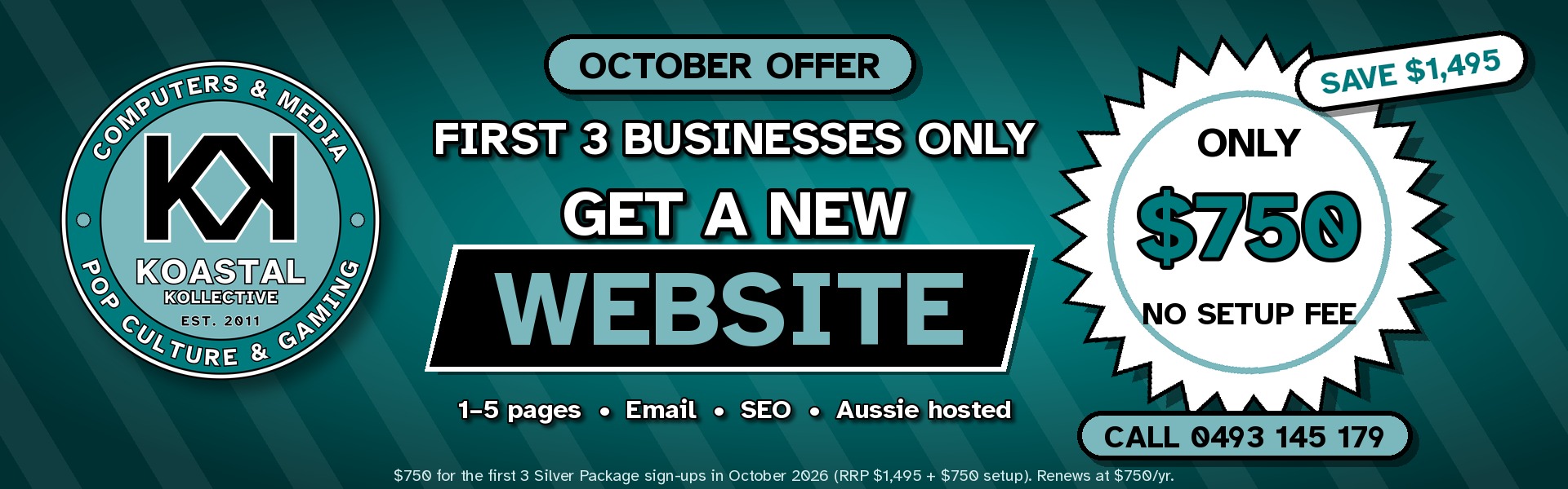 Get a new website — Koastal Kollective website design offer. Call 0493 145 179.