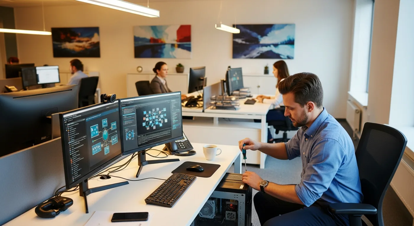 Office workspace with dual monitors showing dashboards while a team works at their desks
