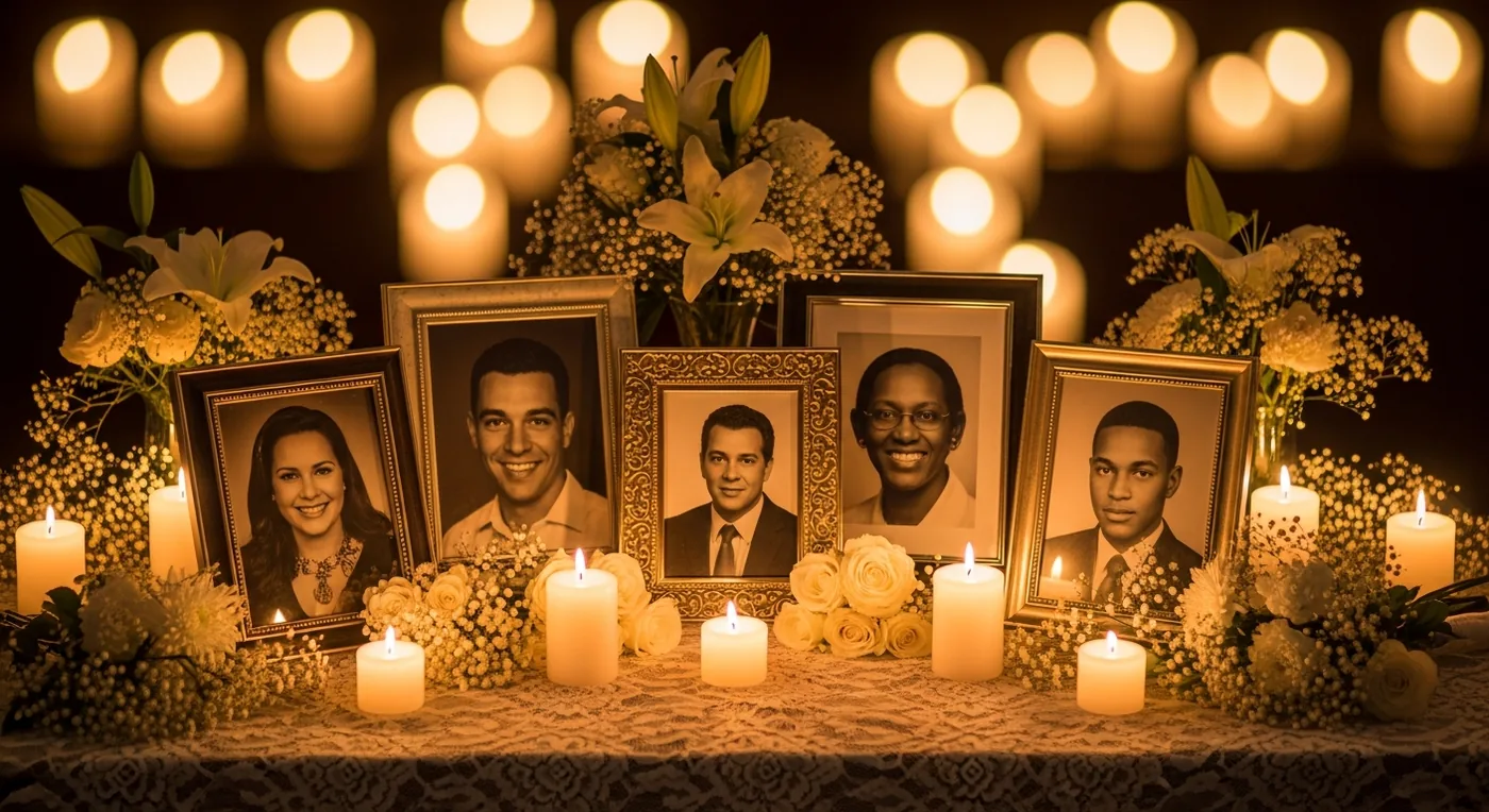Warm memorial candlelit scene with photographs