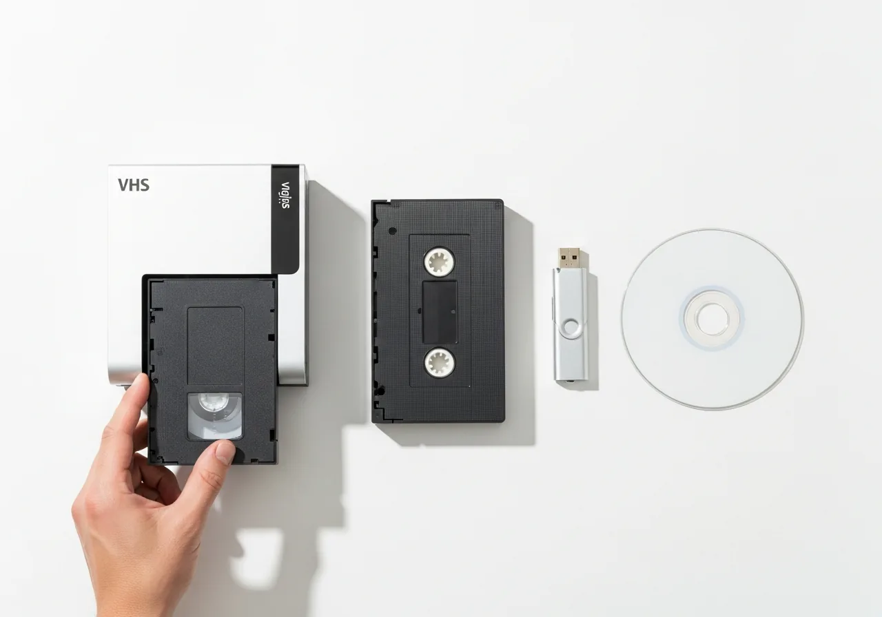 VHS tape next to USB drive — before and after digital conversion